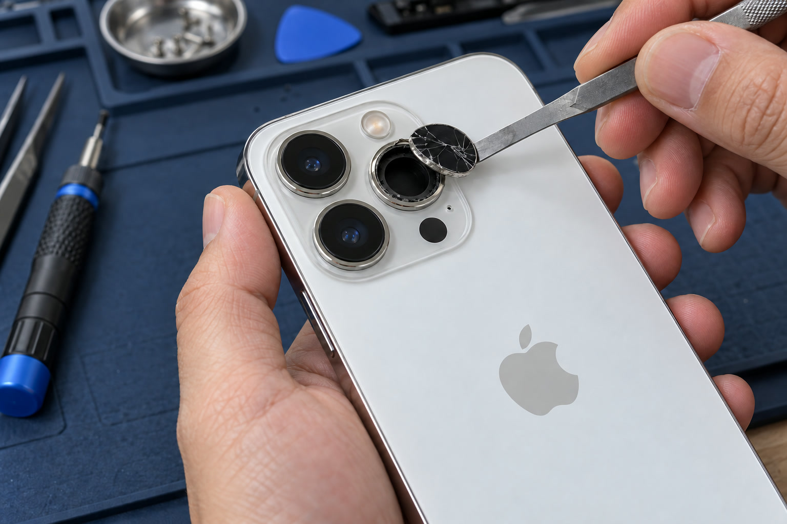 iPhoneのカメラレンズ破損を点検する様子