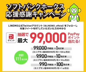 【 LINEMO 】99,000円相当のポイントが当たるTwitterキャンペーンを実施中！