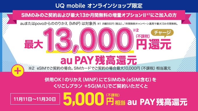 【UQモバイル】乗り換え or 新規契約で最大18,000ポイント還元！